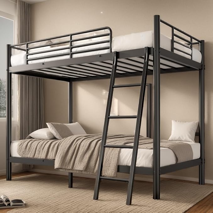 SDHYL Twin Over Twin Bunk Bed with Stairs, Heavy Duty Metal Bunk Beds for Teens Adults, Space Saving Design, No Box Spring Needed, Furniture for Bedroom, Black