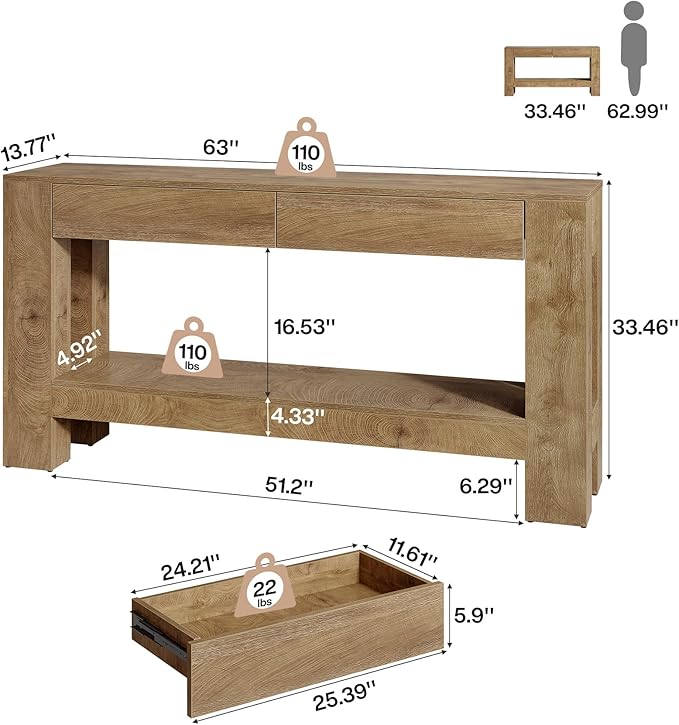 Tribesigns 63-Inch Console Table with 2 Drawers, 2-Tier Wooden Sofa Table Behind Couch, Farmhouse Entryway Console with Storage Shelf & Sturdy H-Shaped Legs for Living Room, Entrance, Hallway