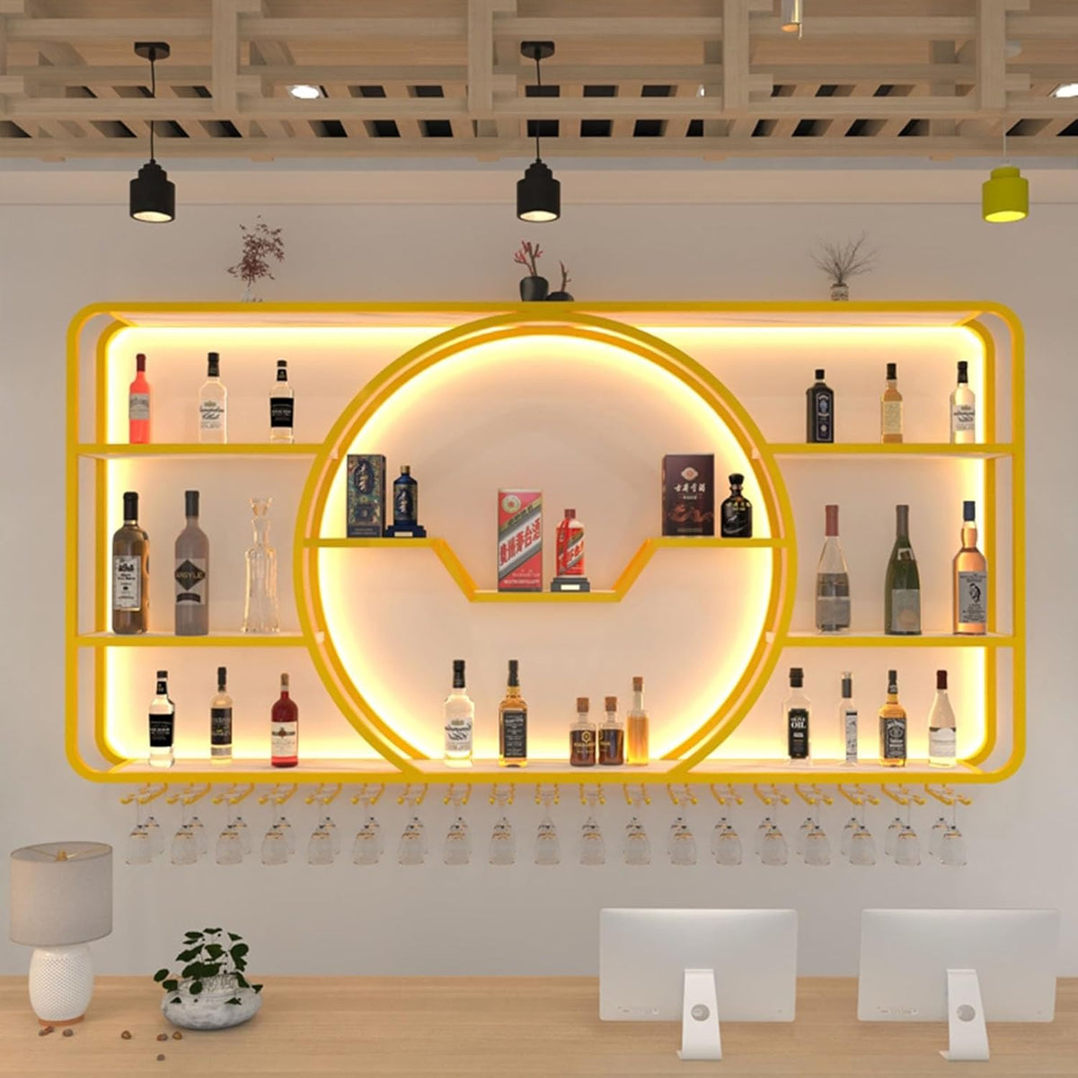 3-Tiers Metal Wine Rack Wall Mounted Modern With LED Light With Wine Glass Holder Large Liquor Bar Display Shelf,Bar Bottle Display Shelf Wine Cups Hanging Holder For Kitchen Living Room Home Decor(Go