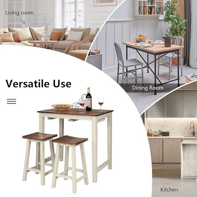 COSTWAY 3 Pieces Dining Set, Counter Height Pub Table Set with 2 Saddle Stools, Industrial Wood Breakfast Table Set for Bar, Kitchen, Living Room, Restaurant
