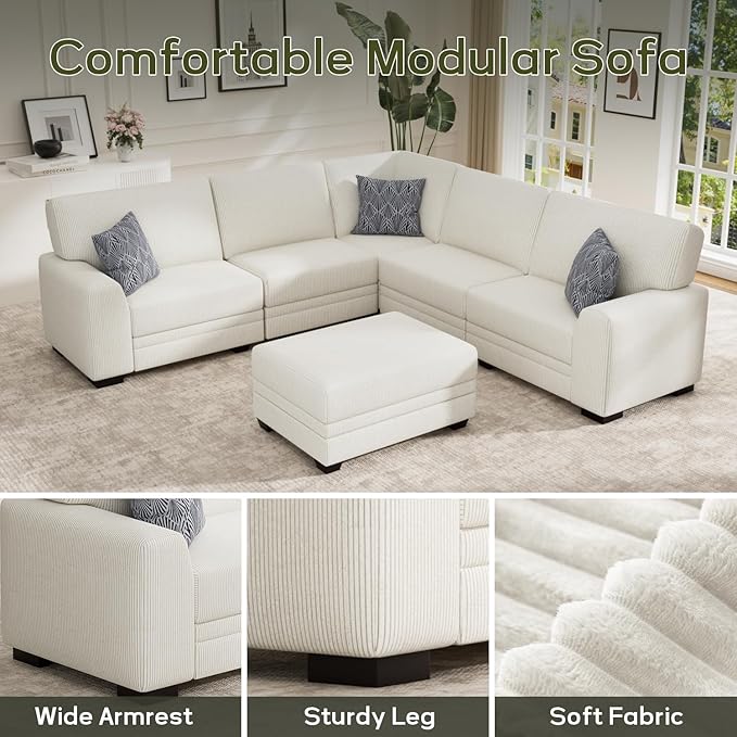 Wanderwell Oversized Modular Sectional Sofa, 6-Seater U Shaped Couches with Movable Ottoman,Corduroy Sectional Couch with Wide and Deep Seats Suitable for Living Room,Bedroom,Apartment (Cream, L-6)