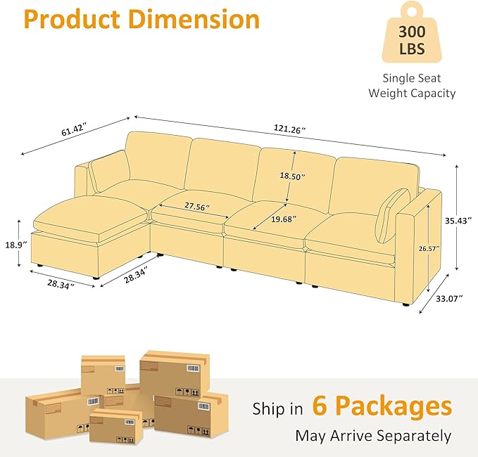 VANOMi Modular Sectional Sofa, Convertible Sofa Couch Modular Sofa with Ottoman, Sectional Sofas for Living Room Small Apartments
