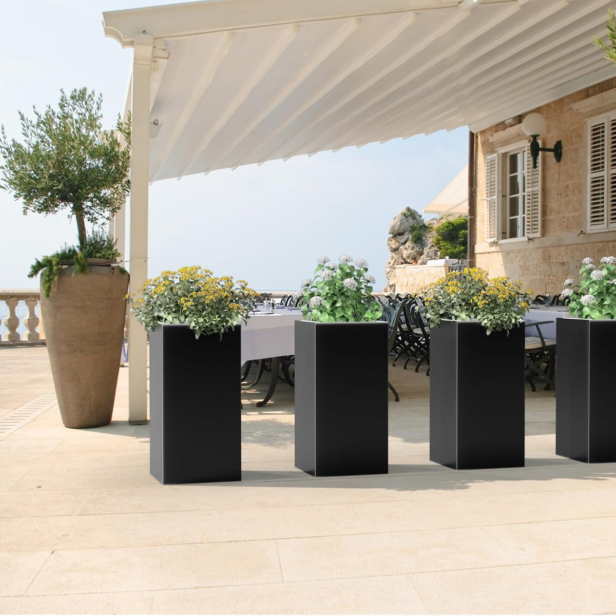Tall Metal Cube Planter for Outdoor Plants 15" L x 15" W x 30" H 2 Pack, Heavy Duty Steel Planter Box with Removable Insert Shelf, Rectangular Planters for Porch, Garden, Yard, Hotel (Black)