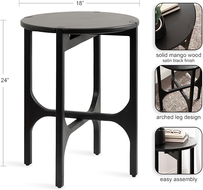 Kate and Laurel Kroscove Modern Geometric Mango Wood Round Side Table, 18 x 18 x 24, Black, Transitional Wood End Table for Use as Bedroom Nightstand or Living Room Decor Piece