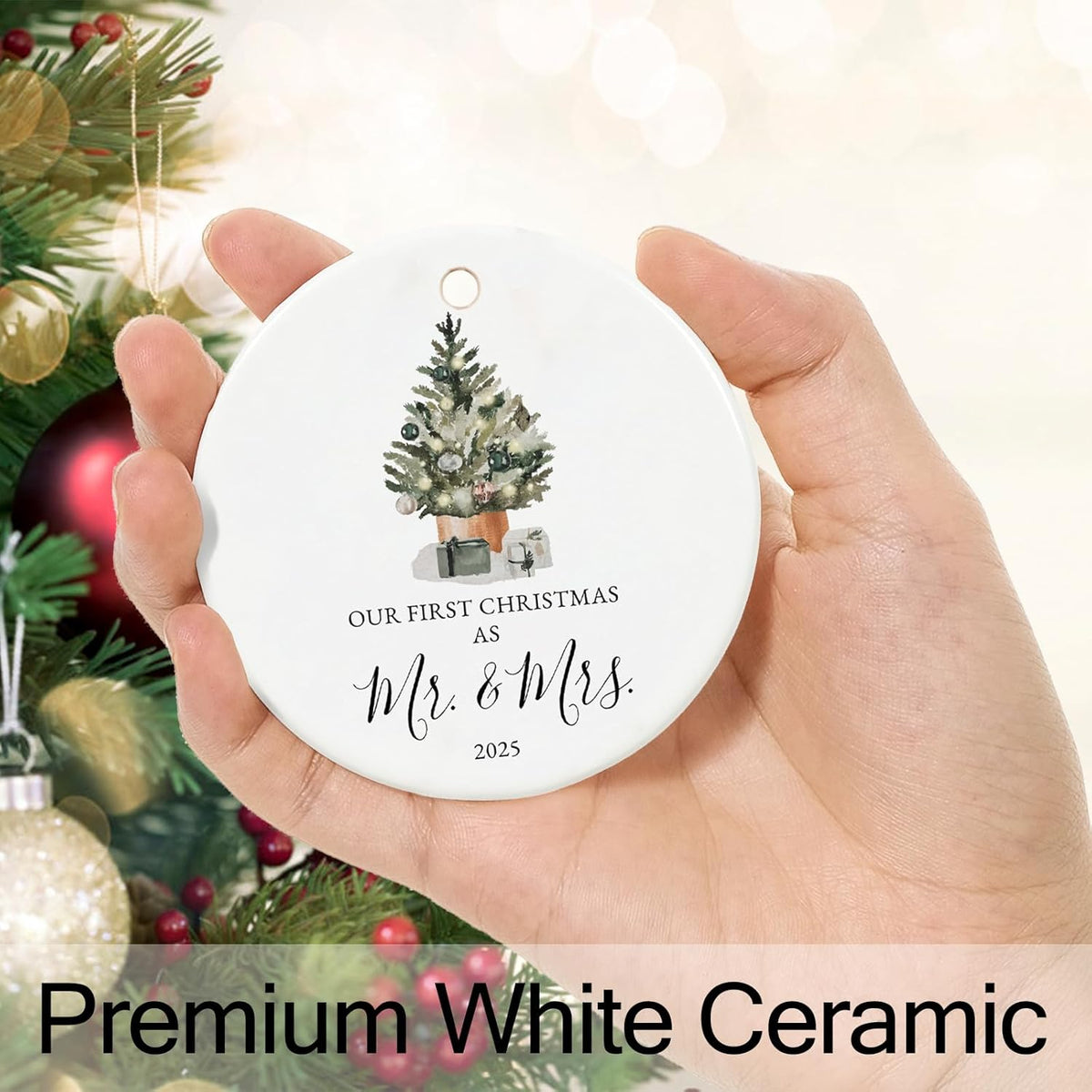 Our First Christmas Married Ornament 2025, Just Married Gifts for Couple, Mr and Mrs, Ceramic Keepsake with Ribbon and Gift Box