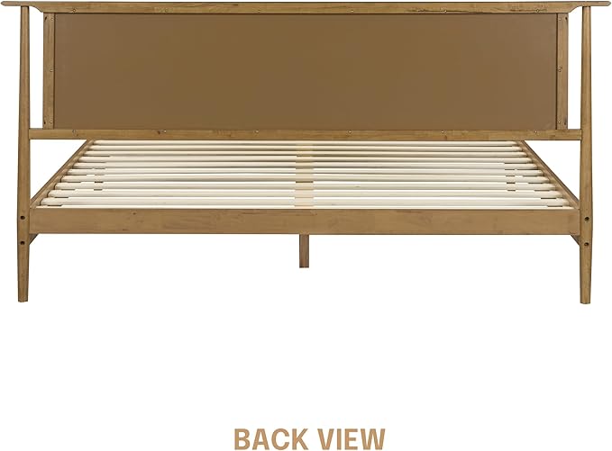 NTC Ruby Wooden Bed Frame with Headboard and Natural Rattan, Solid Oak Foundation with Silent Slats, 1000 Lb Capacity, Effortless Assembly, King - Teak Look
