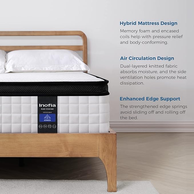 Inofia 12 inch Twin XL Mattress Hybrid with Waterproof Rayon Mattress Protector Included, Medium Firmness Cool Bed for Ultimate Support, Motion Isolation for Any Sleepers, Twin XL Size Mattresses
