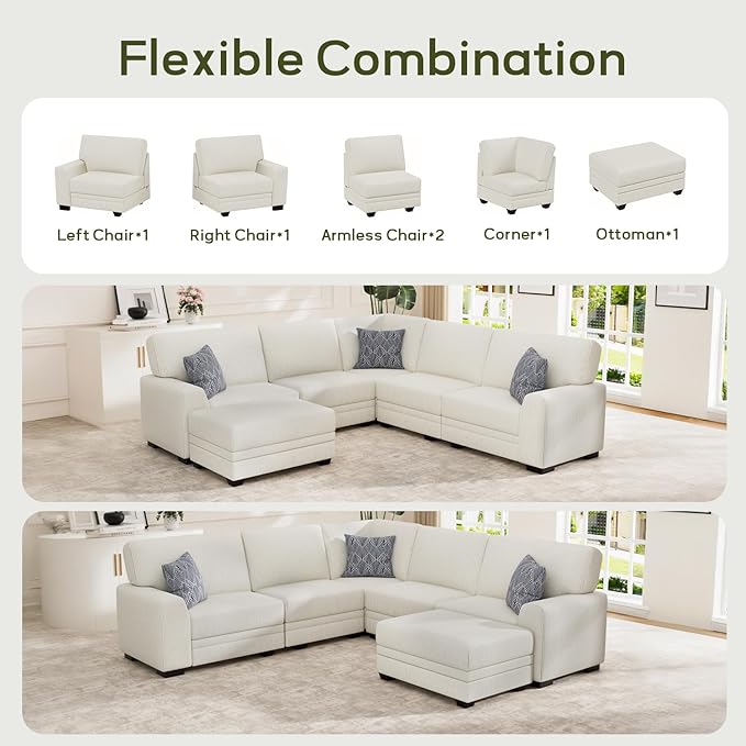 Wanderwell Oversized Modular Sectional Sofa, 6-Seater U Shaped Couches with Movable Ottoman,Corduroy Sectional Couch with Wide and Deep Seats Suitable for Living Room,Bedroom,Apartment (Cream, L-6)