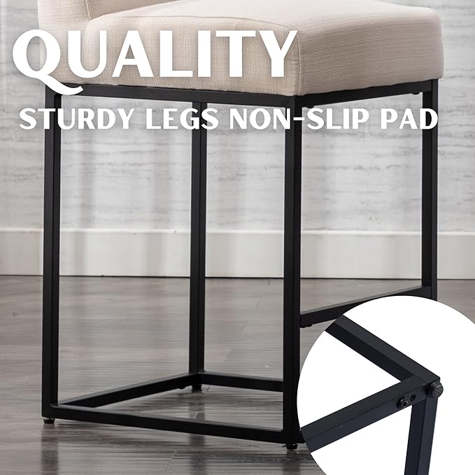 27" Height Bar Stools Set of 4 Counter Height Stools with Back and Footrest for Kitchen Modern Metal Barstools, Linen Upholstered Farmhouse Bar Chairs Island Stools, Cream