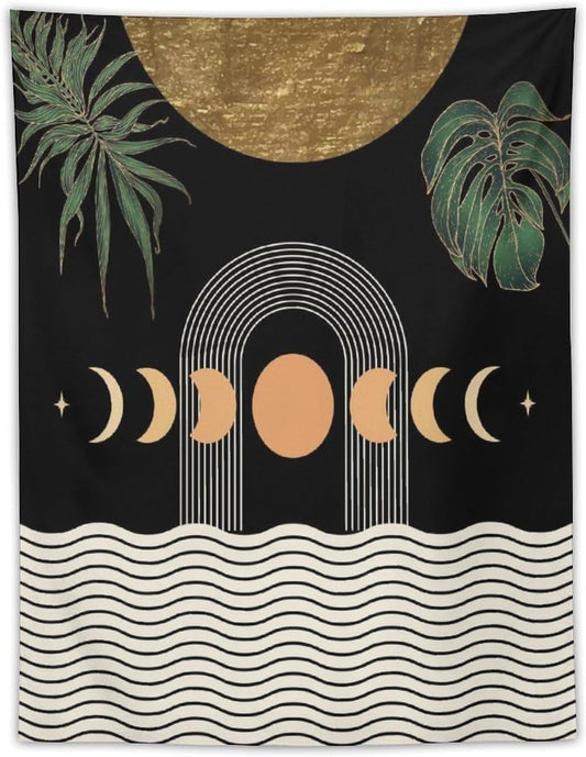 Abstract Boho Tapestry, Mid Century Tropical Tree Leaves Modern Geometric Arch Bohemian Botanical Tapestry, Home Aesthetic Wall Hanging Art Decor for Living Room Bedroom Dormitory 60x80 Inch
