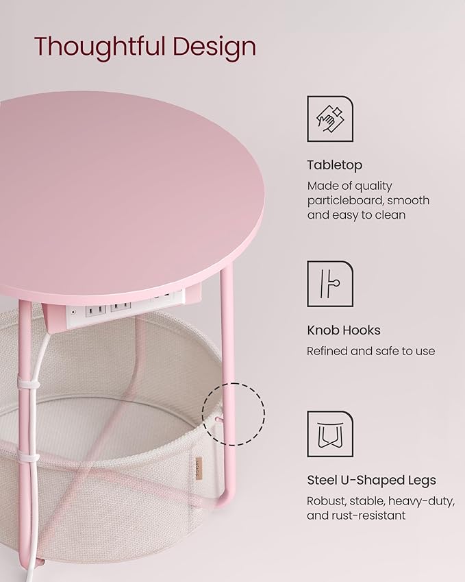 VASAGLE LILEA Collection - Side Table with Charging Station, Round End Table with Fabric Basket, Nightstand with USB Ports, for Living Room, Bedroom, Modern, Jelly Pink and Cream White ULET228R01