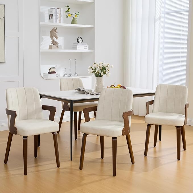 Kitchen Dining Chairs Set of 4, Faux Leather Upholstered Dining Room Chairs with Wood Arms and Legs, Mid Century Modern Kitchen Side Chair for Living, Bedroom, Restaurant, Walnut/Beige