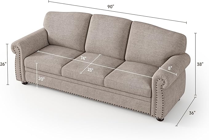 ONBRILL 90 Inch Nailhead Trim Couch for Living Room, 23 Inch Deep Seat Rolled Arm Sofa, Comfy Upholstered 3 Seater Chenille Couch w/Wooden Leg, Large Traditional Sofa for Farmhouse, Beige
