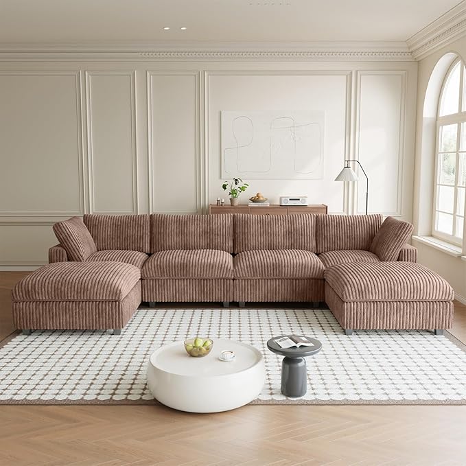 Modular Sectional Sofa, Convertible U Shaped Couch with Chaise Ottoman, Deep Seat Cloud Sectional Couch, 6 Seat Comfy Modular Sofa for Living Room, Office, Apartment, Brown