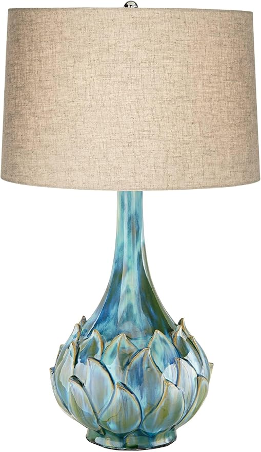 Possini Euro Design Kenya Modern Tropical 3-Way Table Lamp with Dimmer 29 1/2" Tall Blue Green Glaze Ceramic Beige Linen Drum Shade for Bedroom Living Room House Home Bedside Nightstand Office