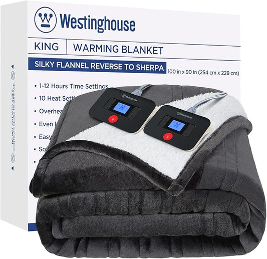 Westinghouse Electric Blanket King, Heated Blanket King Size with 10 Heating Levels and 1 to 12 Hours Heating Time Settings, Flannel to Sherpa Reversible, Machine Washable (90" x 100", Charcoal)