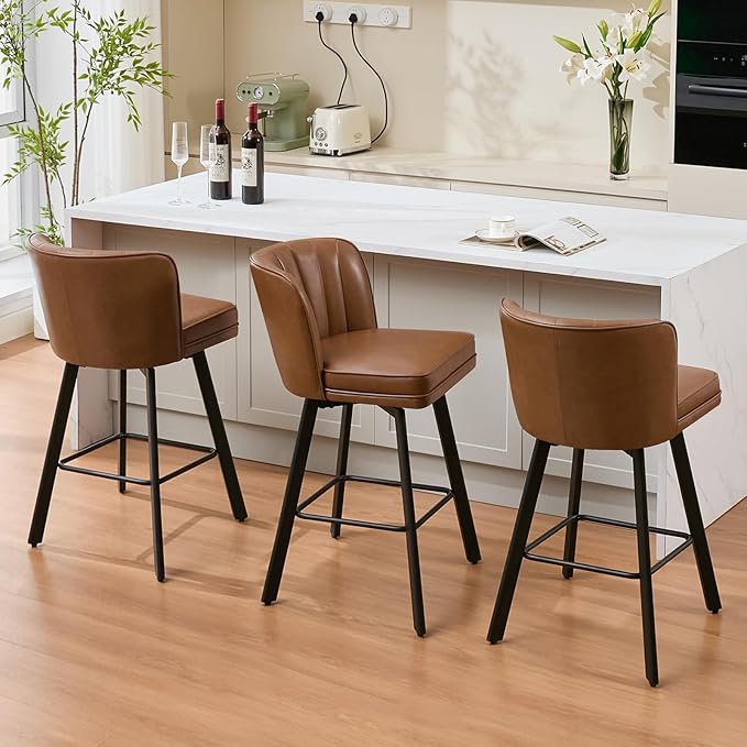 Swivel Counter Height Bar Stools Set of 3, 30'' Modern Barstools with Backs and Metal Legs, Upholstered Bar Chairs, Faux Leather Dark Brown Stools for Kitchen Island Chairs