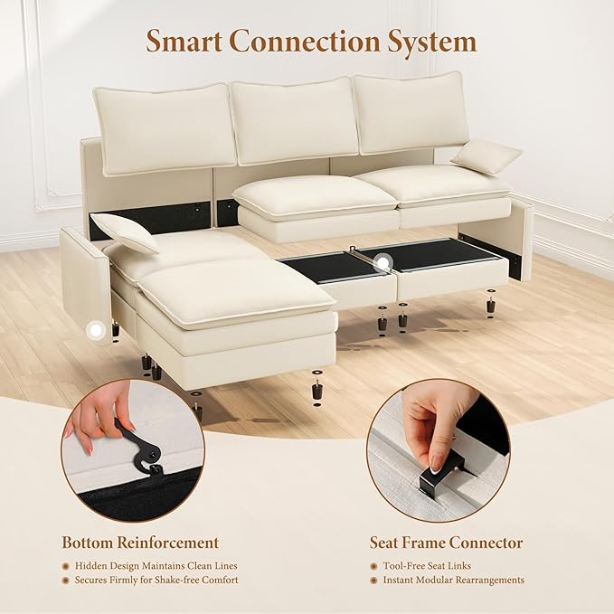 Vesgantti 108" U Shaped Sectional Couch, Comfy Cloud Modular Sectional Sofa with 2 Ottoman Deep Seat Chenille Modern Cloud Sofa, Modular Sofas for Living Room, Bedroom and Apartment, Creamy Beige