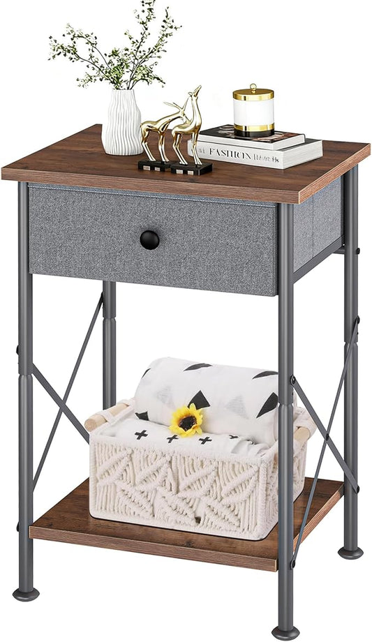 VECELO End Tables, Modern Nightstand with Fabric Drawer & Open Shelf, Night Stand for Bedroom Living Room, Industrial Metal Frame, Easy Assembly, Retro Brown,1 Pack