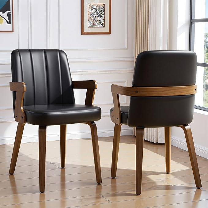Kitchen Dining Chairs Set of 2, Faux Leather Upholstered Dining Room Chairs with Wood Arms and Legs, Mid Century Modern Kitchen Side Chair for Living, Bedroom, Restaurant, Walnut/Black