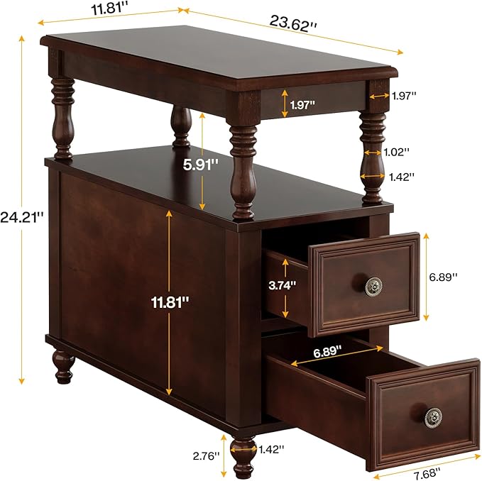 Tribesigns Cherry Finish Wood End Table with 2 Drawers, Mid-Century Wooden Slim Side Table Nightstands with Storage Shelf, Accent Table for Living Room, Easy to Assemble