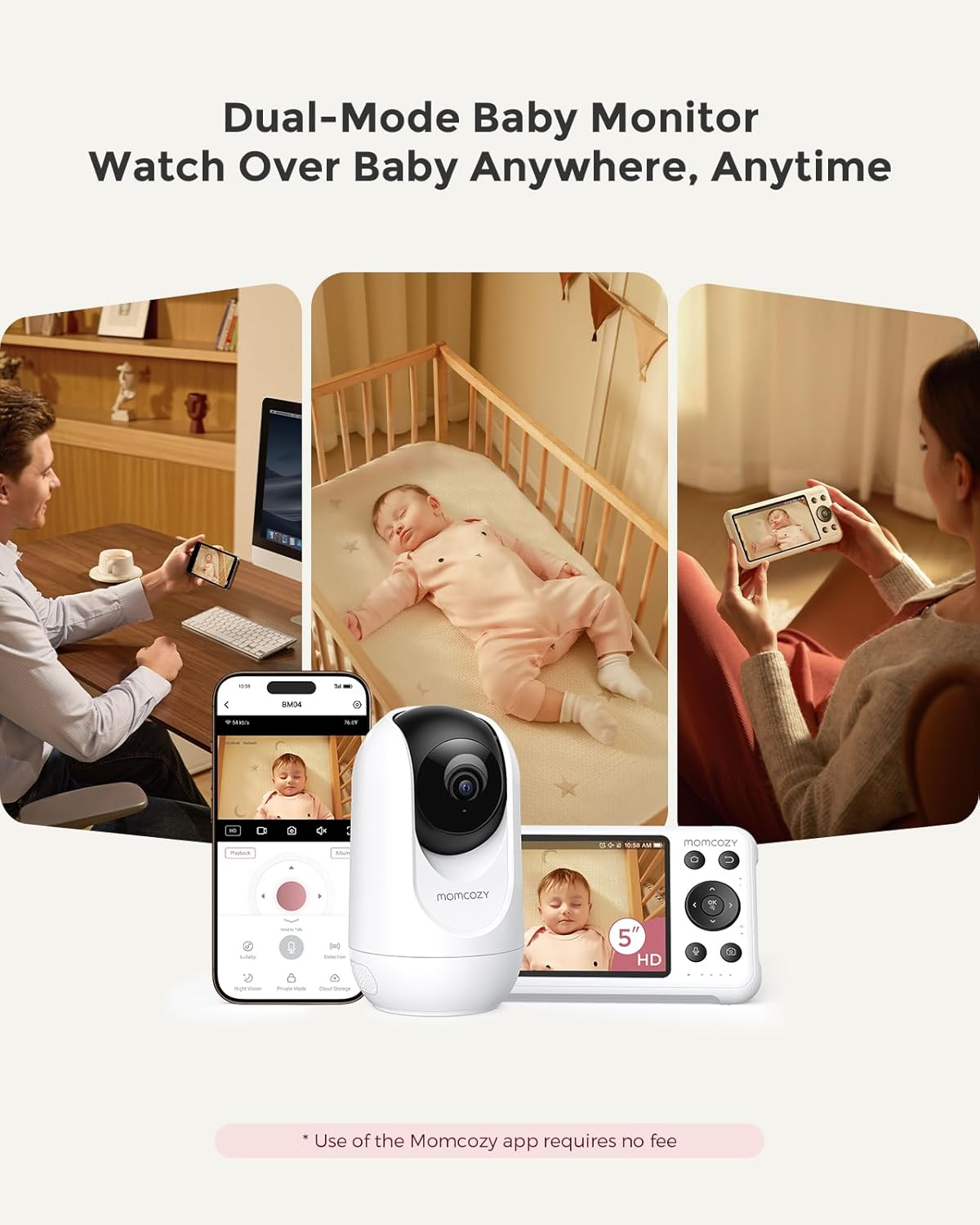 Momcozy Smart WiFi Baby Monitor with Camera and Audio, 5" 1080P Screen with Wall Mount, Motion & Cry Detection, Safe Fence, Clear Night Vision, 5000mAh Battery, 2-Way Talk, Photo & Video Recording