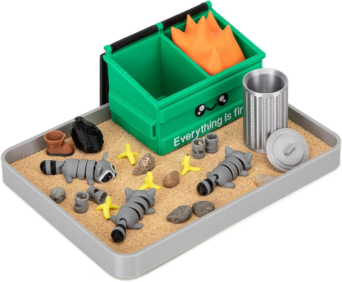 Stylor Dumpster Fire Zen Garden Desk Decor - Miniature Sandbox with Raccoon & Flames, Humorous Office Stress Relief Gift, Includes Stones, Sand & Accessories