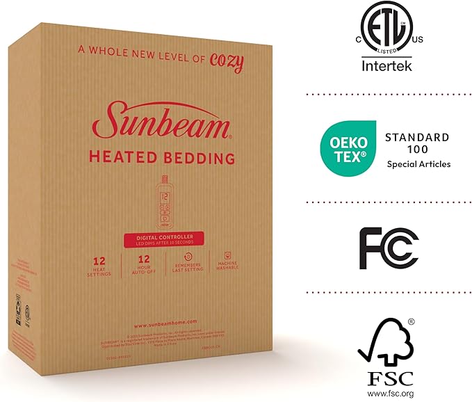 Sunbeam Electric Premium Water Resistant Restful Quilted Heated Mattress Pad, 12 Heat Settings, 12-Hour Selectable Auto Shut-Off, Fast Heating, Cozy Warming Bed, Queen, 60" x 80"
