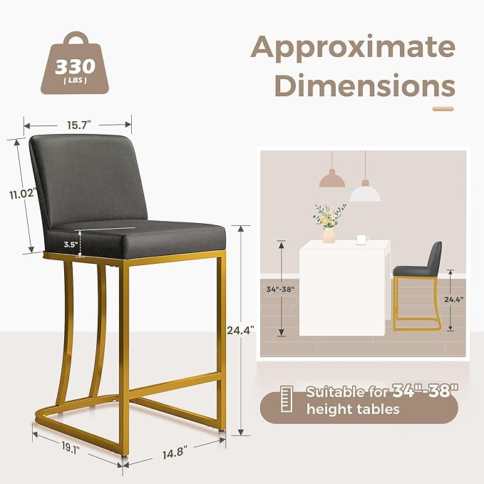 MAISON ARTS Counter Height Bar Stools with Back for Kitchen Counter, 24 Inch Modern Upholstered Faux Leather Barstools Farmhouse Bar Chairs Luxury Island Stools Support 330LBS, Grey & Gold