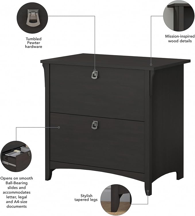 Bush Furniture Salinas 2 Drawer Lateral File Cabinet in Vintage Black, Home Office Storage Solution, Organizer with Drawers for Workspace, Filing Unit