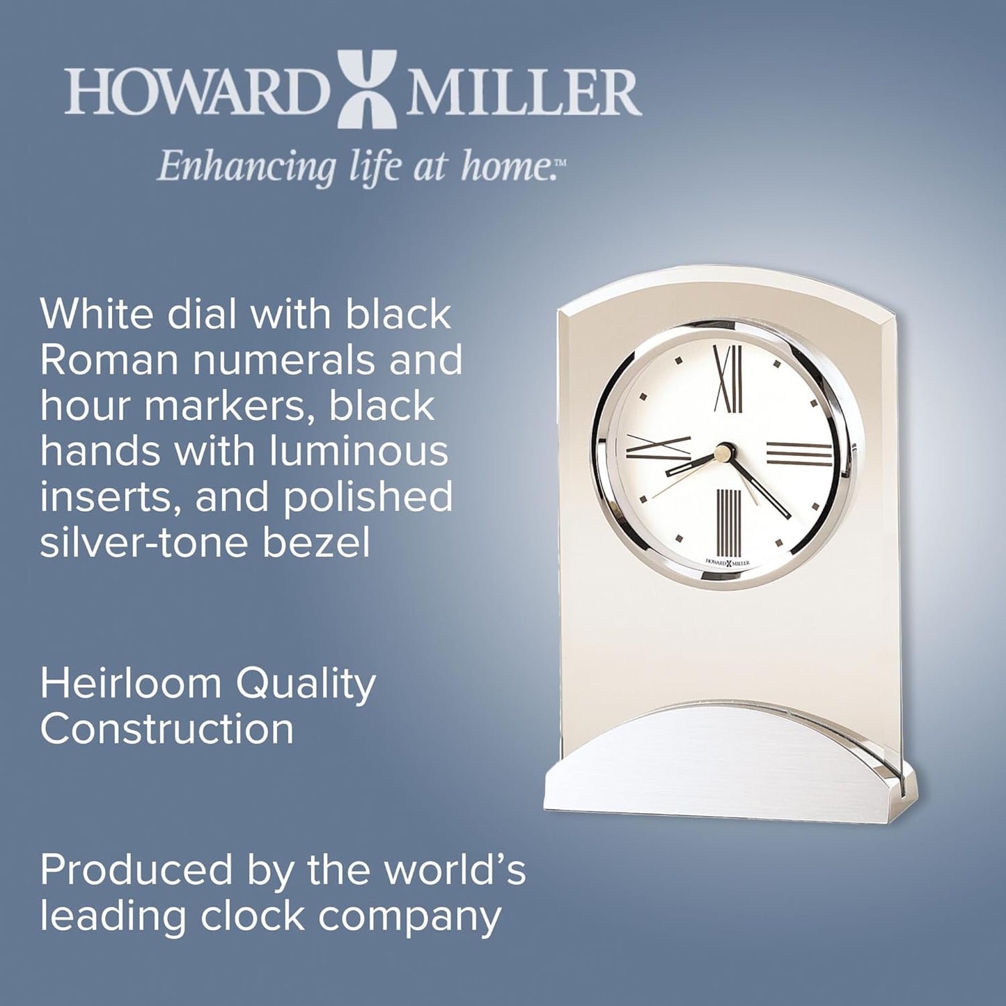 Howard Miller Tribeca Tabletop Clock – Modern Decorative Alarm Clock with Quartz Movement Brushed Aluminum Base & Beveled Glass Accents for Elegant Home & Office Decor Bold Accent Piece