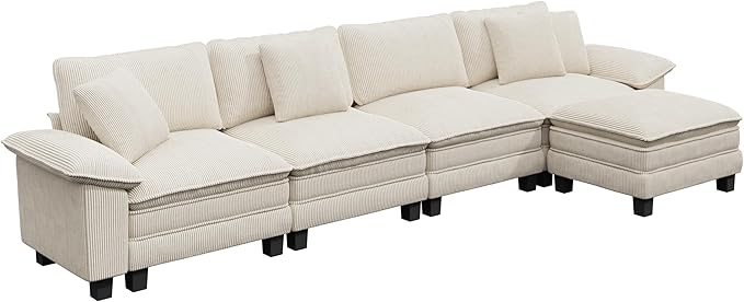 PHI VILLA Cloud Modular Couch Sets, 157.5" Sectional Sofa with L-Shaped Chaise, 5-Seater Upholstered Couches with Movable Ottoman for Living Room, Corduroy Fabric, Beige