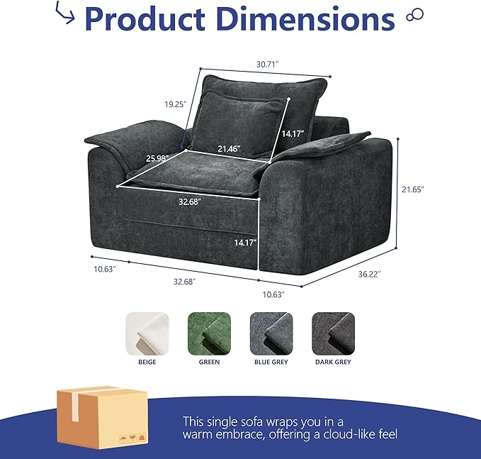 Hobestluk Cloud Single Sofa Memory Foam Couch with Deep Seat L Shaped Sofa with Removable Cover Large Couch for Living Room (Blue Grey, Single Sofa)