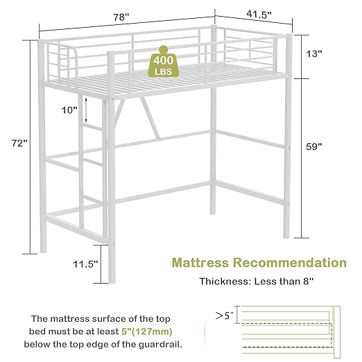 VECELO Metal Loft Bed Twin Size, Heavy Duty Bedframe with Removable Ladder and Safety Guardrail, Space-Saving, Noise Free, No Box Spring Needed, White