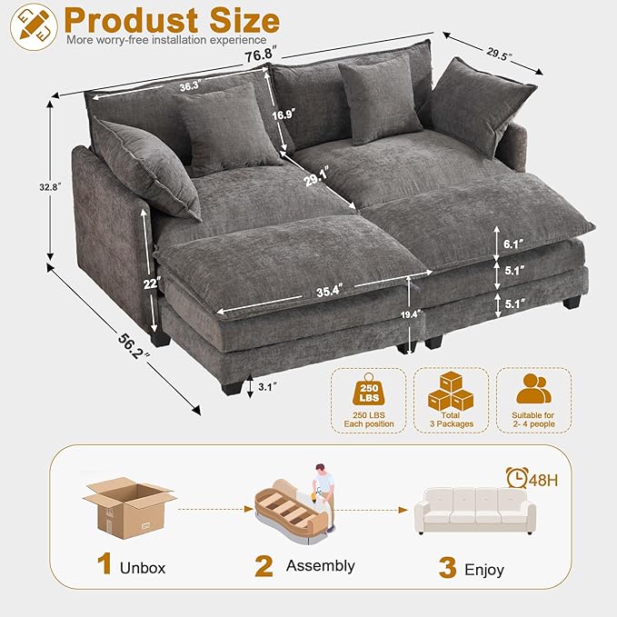 Expandable L-Shaped Sectional Sofa with Ottoman for Apartments, 77" Cloud Chenille Sofa, Create a U-Shape Layout with Optional 2nd Ottoman, Solid Wood Frame, Easy Assembly