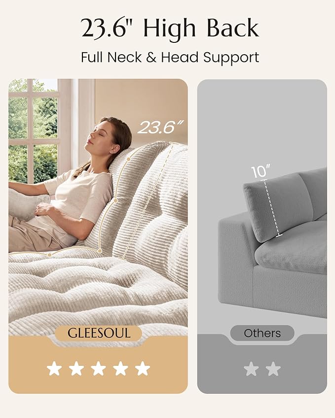High Back Boneless Couch, U Shaped Cloud Couch with Versatile 2-Pack Pillow Blankets, Corduroy Modular Sectional Sofa with Ottoman, No Assemble Sectional Couches for Living Room, Warm White