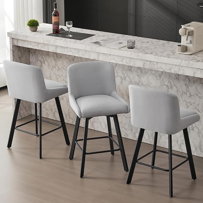 Swivel Bar Stools Set of 6, 26''H Upholstered Barstools with Backs, Modern Counter Height Bar Stool Chairs for Kitchen Island, Metal Legs, Fabric, Light Gray Counter Stools