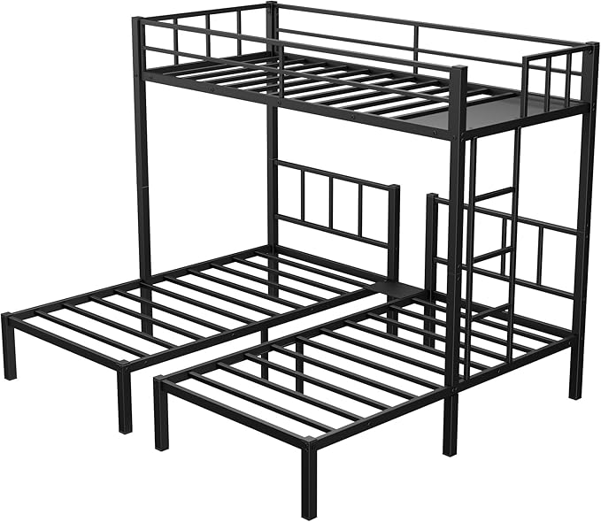 Heavy Duty Triple Bunk Bed, Twin Over Twin Over Twin with Guardrails and Ladder, Metal Bunk Bed for 3, 3 Bed Teens and Adults, No Box Spring Needed, Black