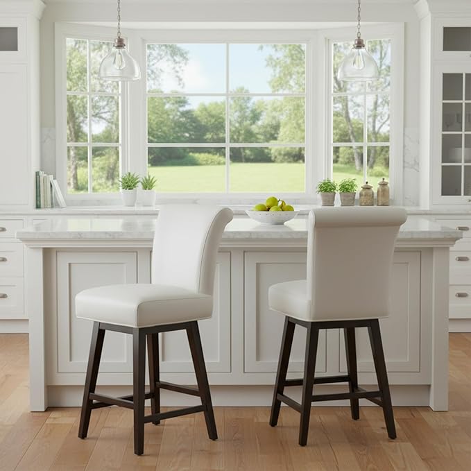 CHITA 26 Inch Counter Height Swivel Bar Stools Set of 3, FSC Certified Modern Upholstered Faux Leather Swivel Barstool Chair with Back, White