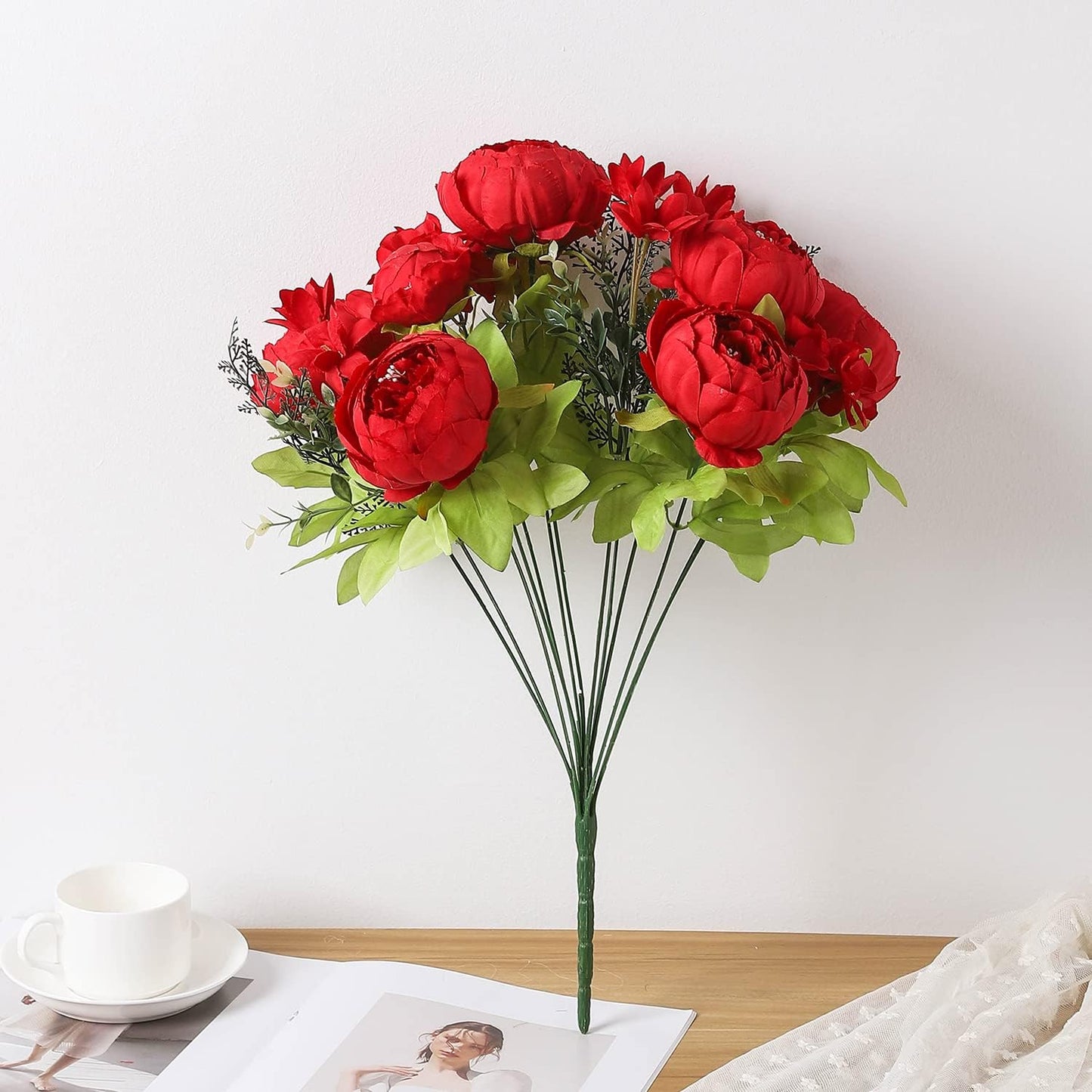 Duovlo Springs Flowers Artificial Silk Peony Bouquets Wedding Home Decoration,Pack of 1 (Spring Red)