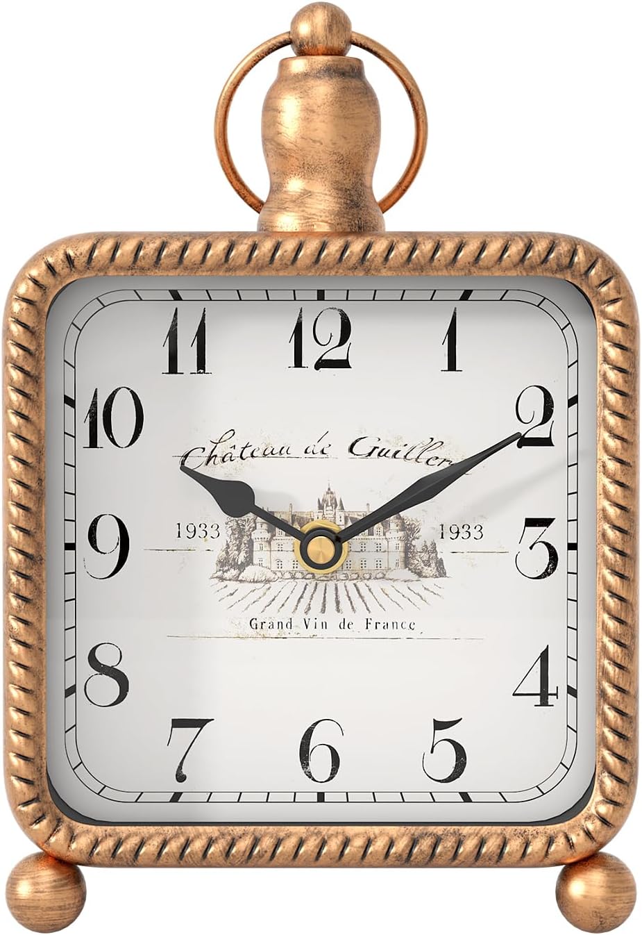 Vintage Gold Table Clock on Stand, Desk and Shelf Decor Clock, French Rustic Style Non-Ticking Mantel Clocks for Farmhouse, Living Room, Bedroom, Bedside, Gift (8.5" H x 5.5" W)