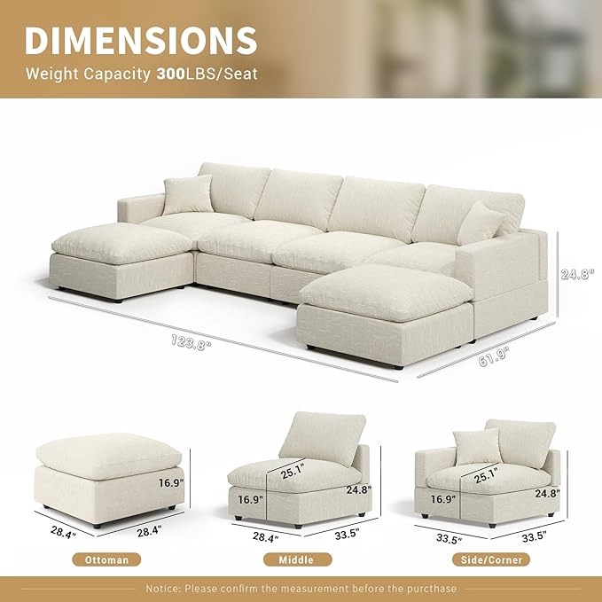 Modern Sectional Linen Couch for Living Room U-Shape Sofas,6 Seat Modular Cloud Sofas,Couches Cushion Covers Removable,Cozy Feather Down Sofa for Apartment Beige