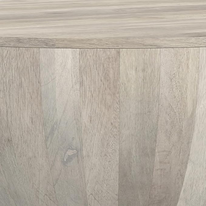 SIMPLIHOME Elmbrook Coffee Table - 34 inch Wide Solid Mango Wood Modern Industrial Round Drum Cocktail Table in White Wash, Sculptural Living Room Table with Low Profile Design, Assembled