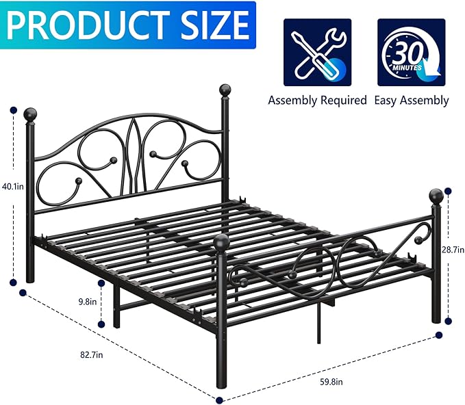 Metal Queen Single Bed Frame with Storage Space, 82.7" in Steel Bed Frame with Protective Foot Pads, Strong Bearing Capacity Queen Size Bed, Easy Assembly, Underbed Storage Space（40.1 inch）