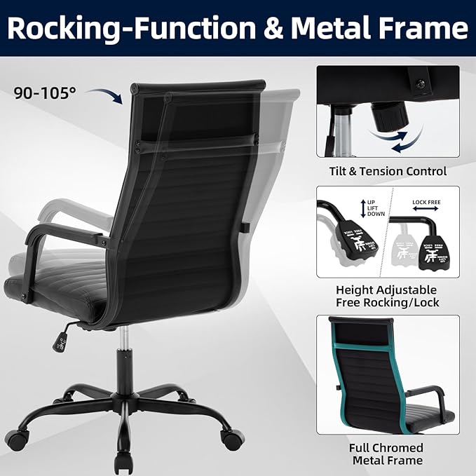 Office Chair, Ergonomic Executive Conference Room Chairs, Ribbed Leather Desk Chair with Lumbar Support, Adjustable Height Mid-Back Swivel Chair with Padded Seat and Square Tube Armrests