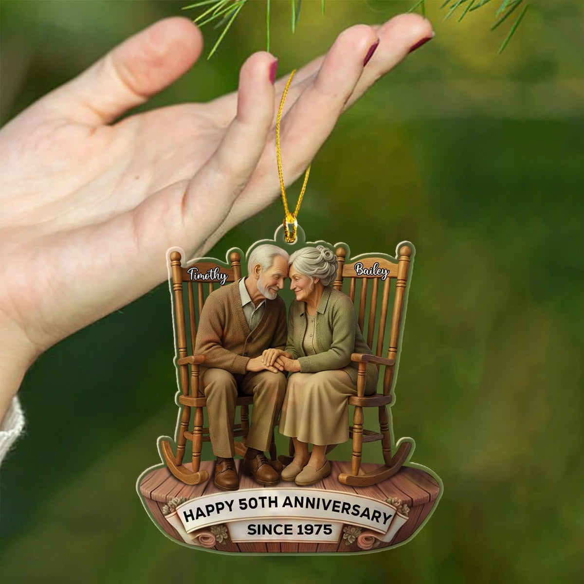 Personalized 50th Anniversary Shaped Christmas Ornament 2025, Old Couple Sitting On Rocking Chairs Together Ornaments Gift for Wedding Anniversary, Custom Text Name Ornament for Parents Grandparents