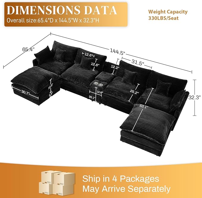 HYJT-H&K 145" U Shaped Cloud Couch Modular Dark Black Sectional Couches for Living Room, Comfy Fluffy Corduroy Oversized Cloud Sectional Couch Large 6 Seat Sectionals Sofa Set Central Console USB Port