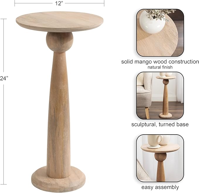 Kate and Laurel Jakob Modern Wooden Round Side Table, 12 x 24, Light Natural, Circle Pedestal Table for Use as Bedroom Nightstand, Indoor Plant Stand, or Decorative Living Room Table