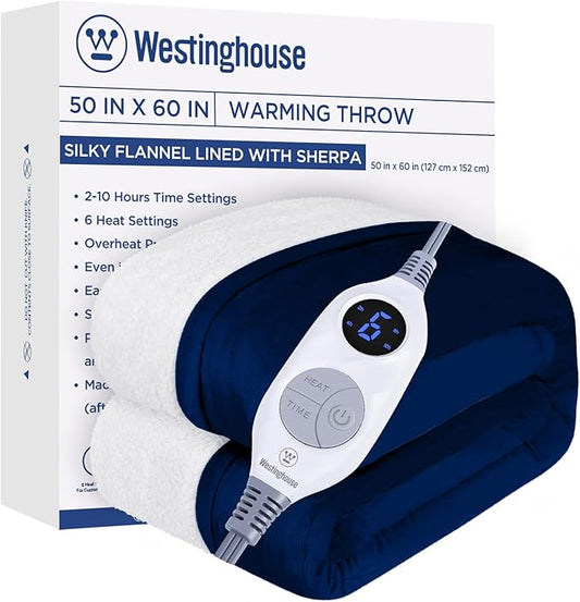 Westinghouse Heated Throw Blanket, Electric Blanket Throw with 6 Heating Levels and 2-10 Hours Time Settings, Flannel to Sherpa Super Cozy Heated Blanket Machine Washable, 50x60 inch, Navy