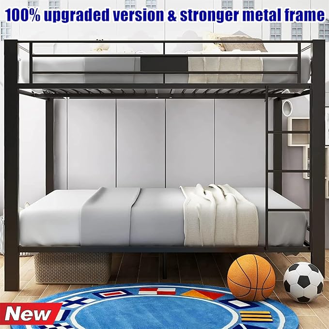 Higher Quality & Stronger Heavy Duty Steel Black Bunk Bed Queen Over Queen Size Bunkbed, Thickened More Stable Safer Metal Bunk Bed (Easier to Assemble)